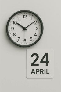 Runde Wanduhr und Kalenderdatum auf hellgrauem Hintergrund – Symbol für feste Terminvergabe im Friseursalon Helena Conzen Hairdesign in Bochum.