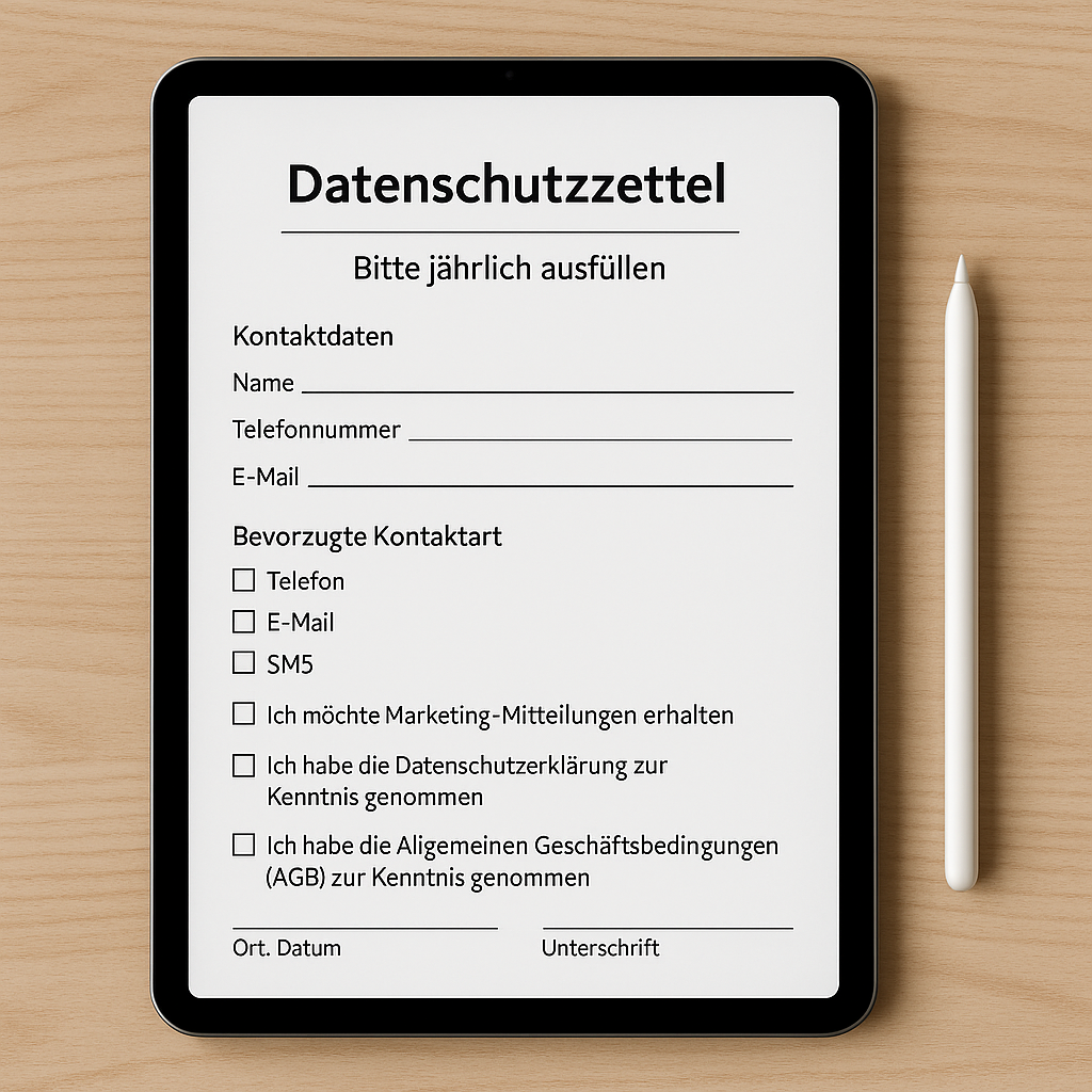 Tablet mit geöffnetem Datenschutzzettel zur jährlichen Datenbestätigung, daneben ein weißer Stylus auf Holzuntergrund