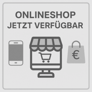Grafik mit Smartphone-, Shop- und Einkaufstaschen-Symbol. Text: „Onlineshop jetzt verfügbar“ – Helena Conzen Hairdesign.