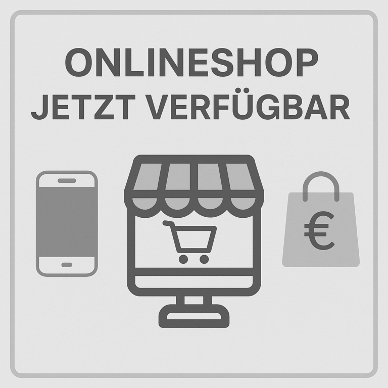 Grafik mit Smartphone-, Shop- und Einkaufstaschen-Symbol. Text: „Onlineshop jetzt verfügbar“ – Helena Conzen Hairdesign.