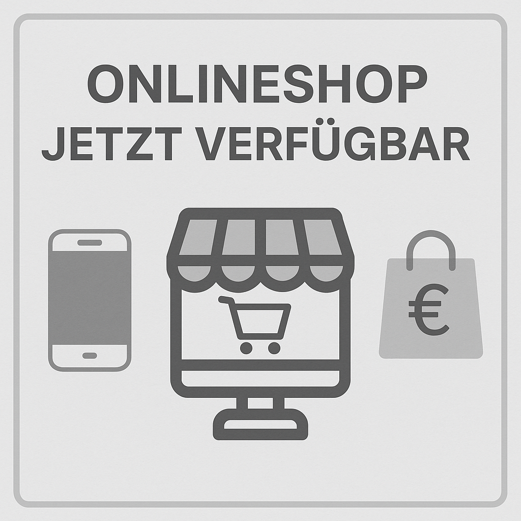 Grafik mit Smartphone-, Shop- und Einkaufstaschen-Symbol. Text: „Onlineshop jetzt verfügbar“ – Helena Conzen Hairdesign.