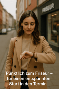 Junge Frau in beigem Mantel blickt auf ihre Armbanduhr vor einem Friseursalon in der Stadt