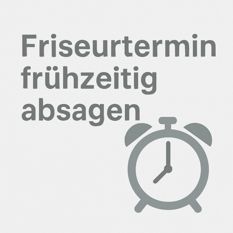 ChatGPT Image 22. Aug. 2025 13 20 49 Wir lieben Haare Quadratisches Beitragsbild mit Text „Friseurtermin frühzeitig absagen“ und Wecker-Symbol in Grautönen