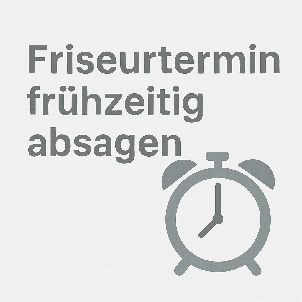 friseurtermin fruehzeitig absagen Bitte sag rechtzeitig ab: Warum frühe Terminabsagen beim Friseur so wichtig sind Quadratisches Beitragsbild mit Text „Friseurtermin frühzeitig absagen“ und Wecker-Symbol in Grautönen