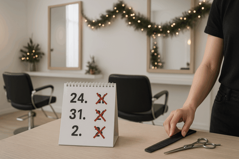 feiertags oeffnungszeiten im friseursalon in bochum Wir lieben Haare Modernes Friseurstudio mit Tischkalender, auf dem die Schließtage rund um Weihnachten und Silvester markiert sind