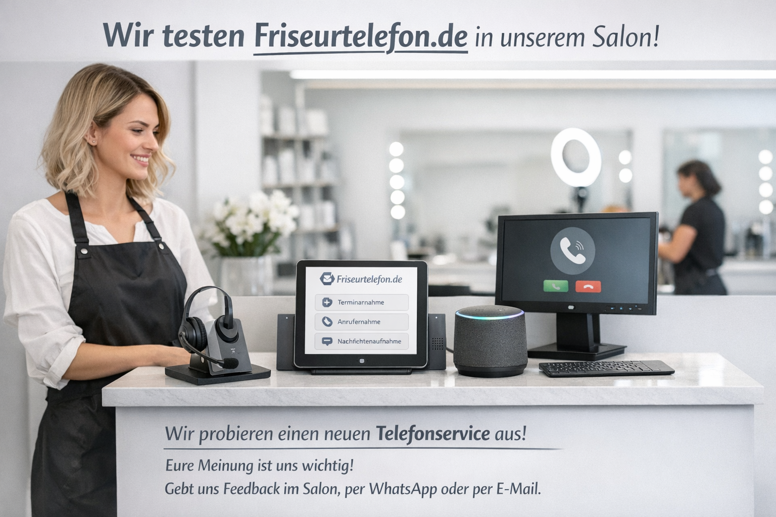 friseurtelefon de test salon kundenservice bochum Startseite Moderne Rezeption in einem Friseursalon mit digitalem Telefonservice und Hinweis auf die Testphase von Friseurtelefon.de