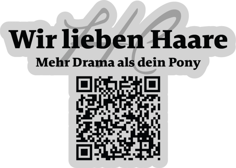 Wir lieben Haare Wir lieben Haare QR-Code-Grafik von Helena Conzen Hairdesign mit dem Text „Wir lieben Haare – Mehr Drama als dein Pony“.
